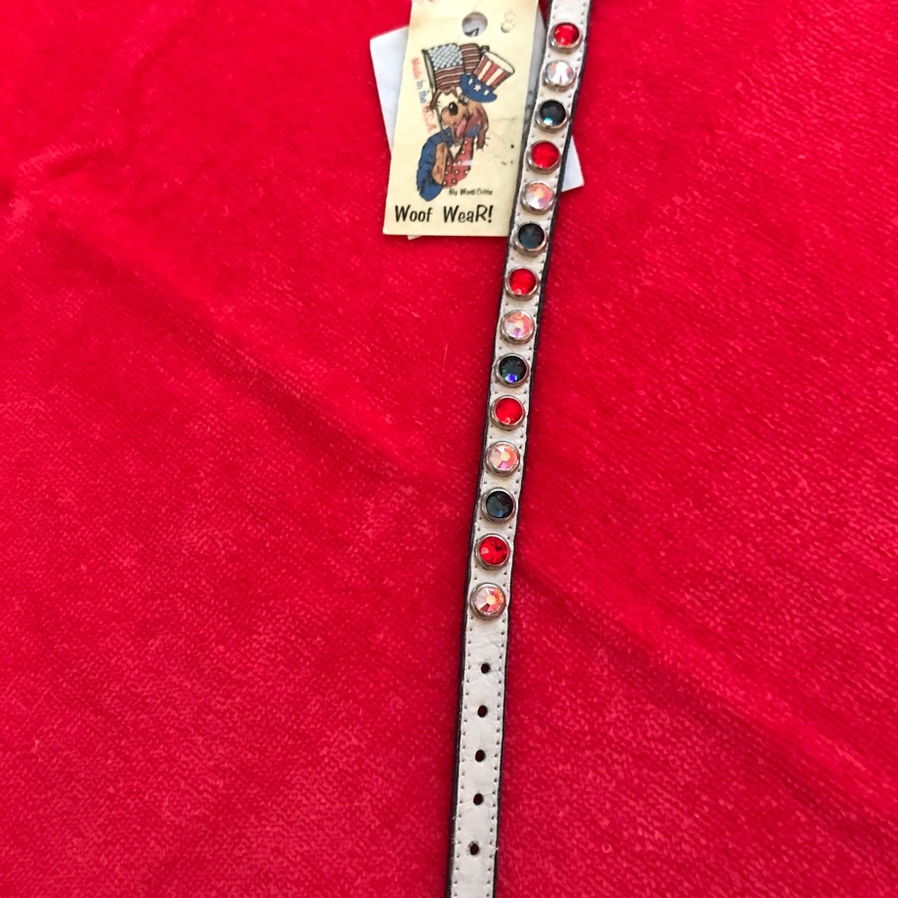 Woof Wear dog collar, 8” leather, Swarovski crystals. Brand new. Fits small dog